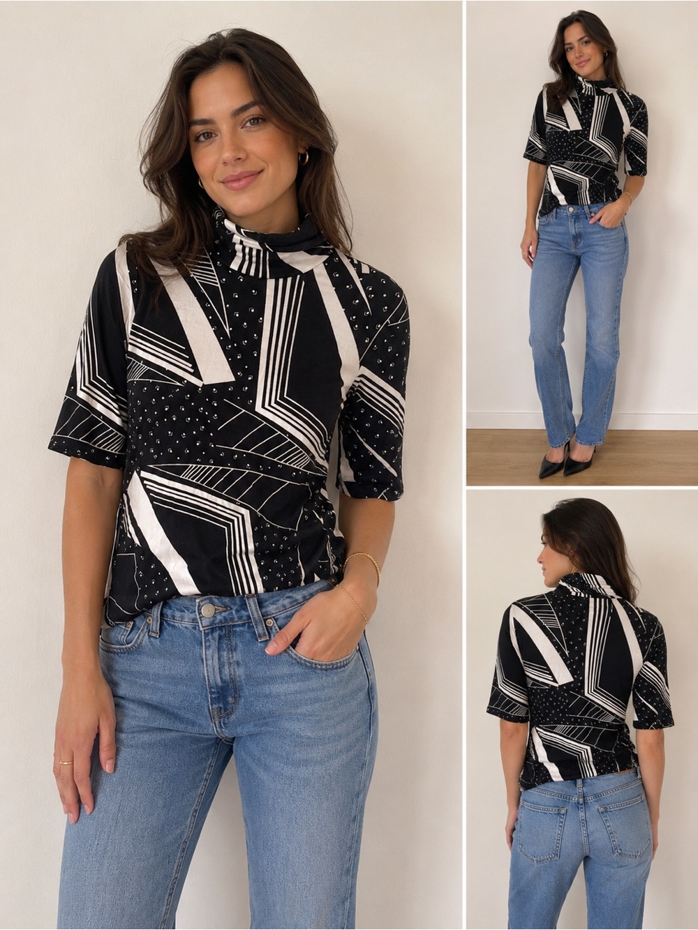 Brand New Without Tags Ralph Lauren Black and White Geometric Turtleneck Top